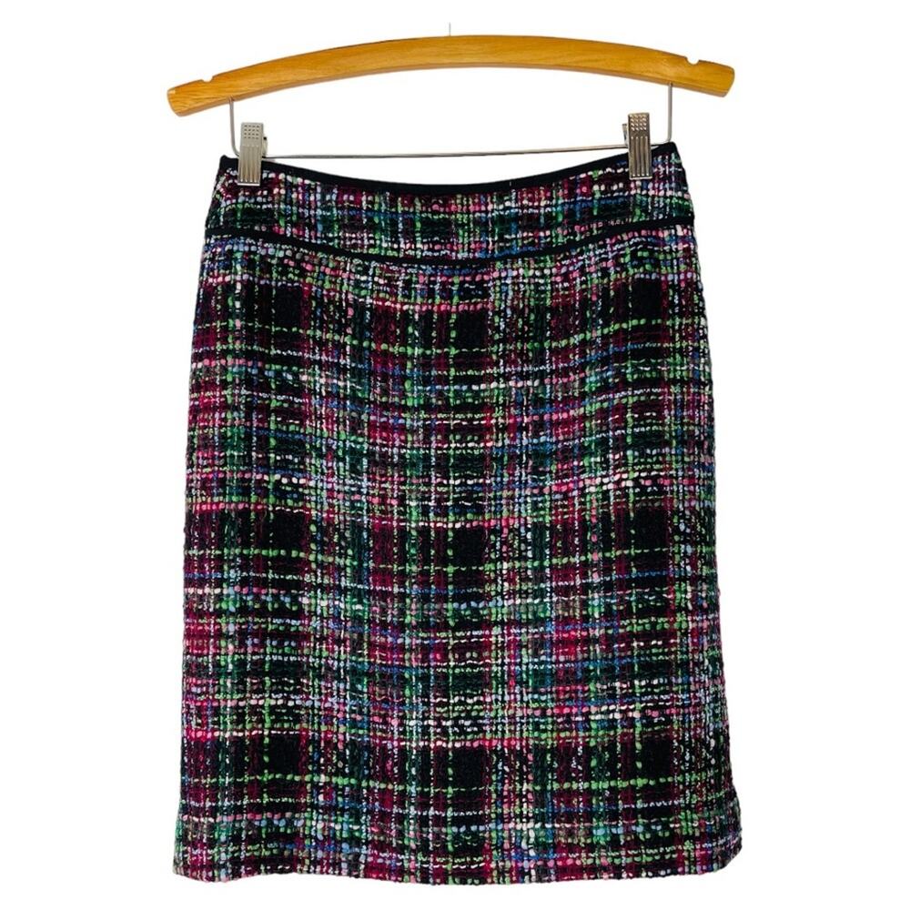 Talbots black green pink wool tweed pencil preppy midi skirt 2P